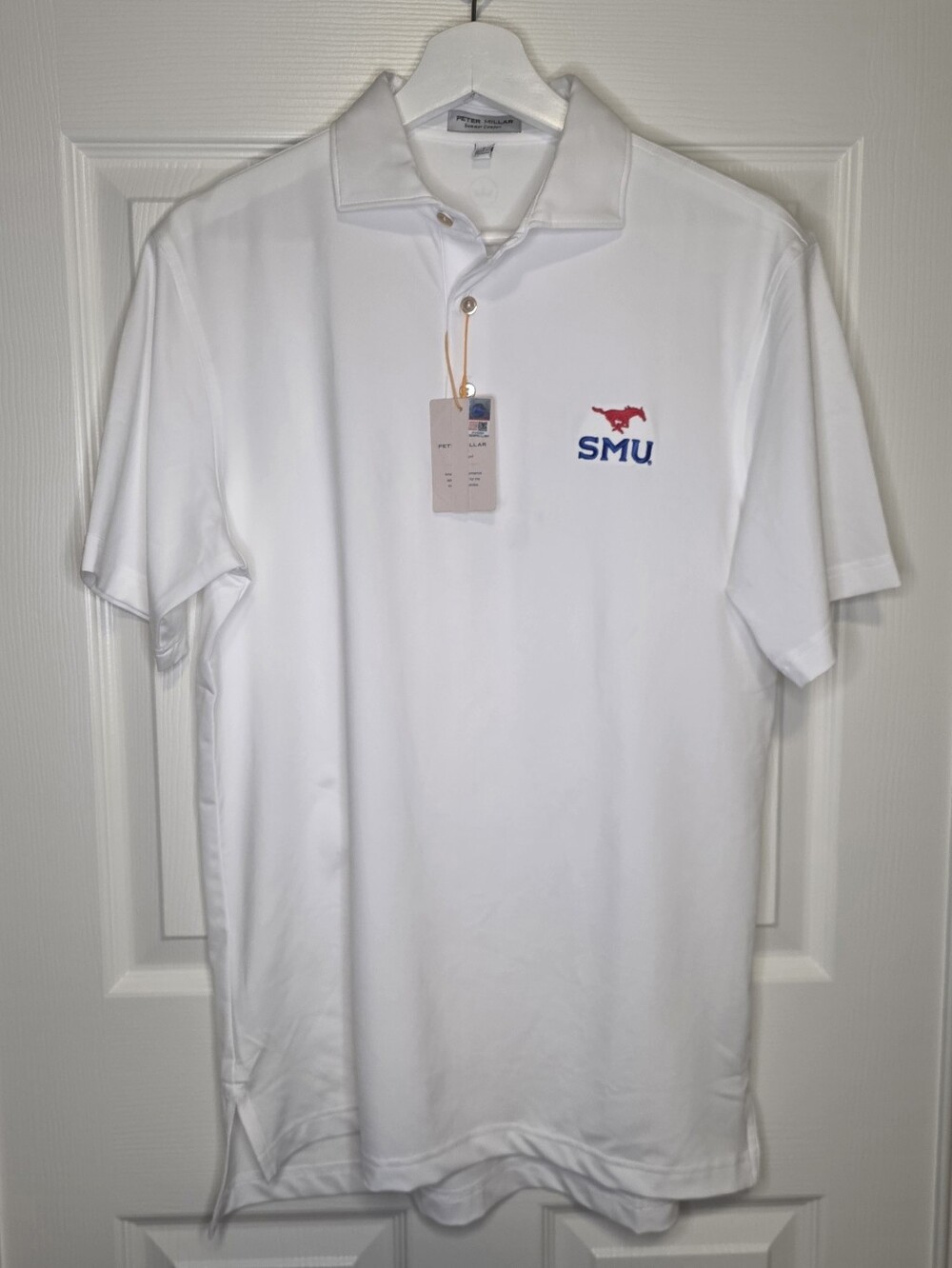 NWT Peter Millar SMU Mustangs Mens Small  White Summer Comfort Polo